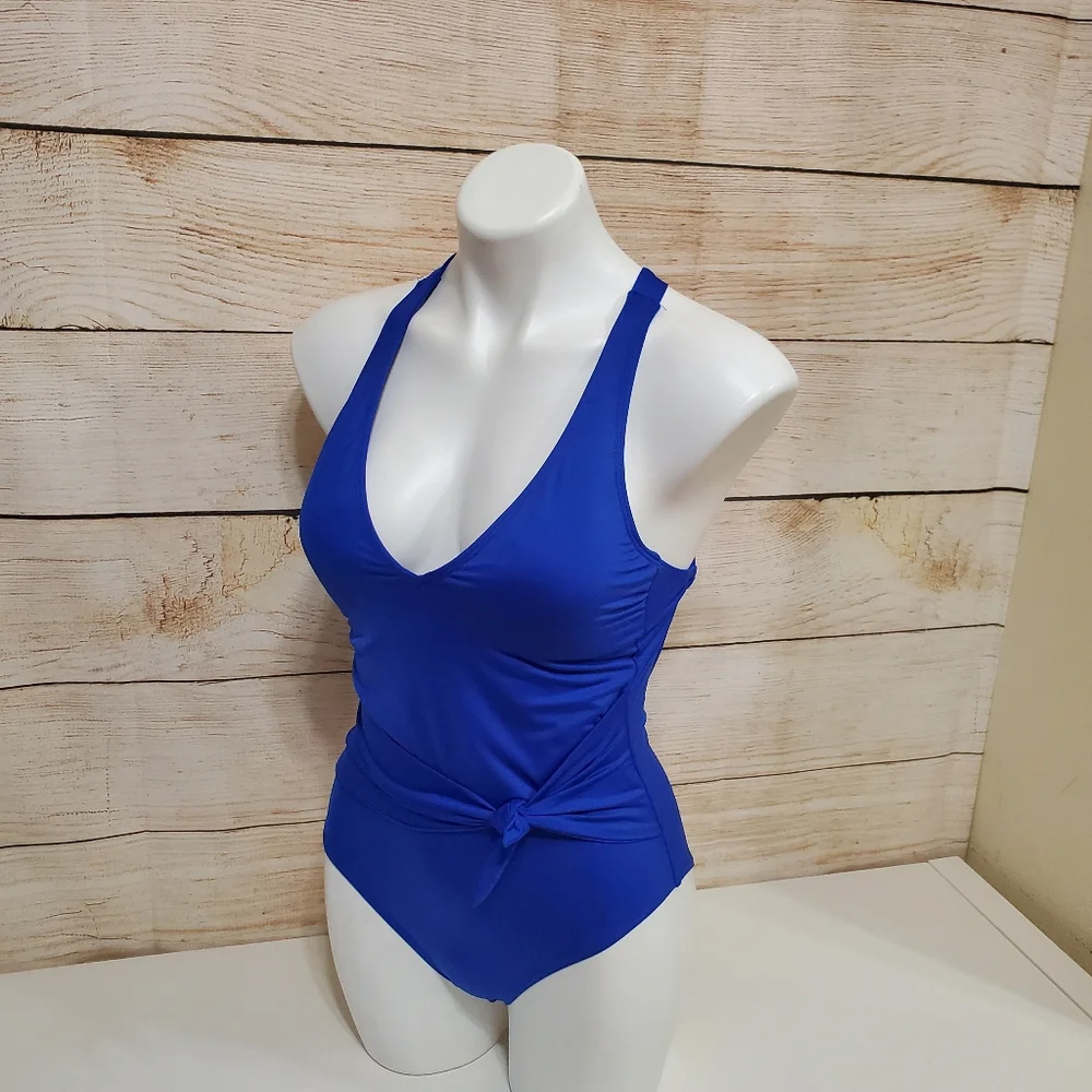 NWOT Becca Blue  Front Tie Slimming One Piece Swimsuit Small
